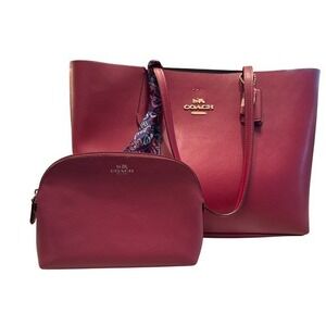 Coach Tote Bag and Cosmetic Case Set Berry Red Leather Logo Charm Scarf